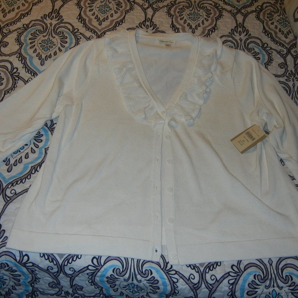 Coldwater Creek White Ruffle-Trim Cardigan